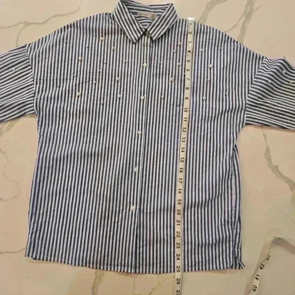 Bershka Button Down Pearl Embroidered Striped Shirt Womens Blue White Size XS - Picture 7 of 10